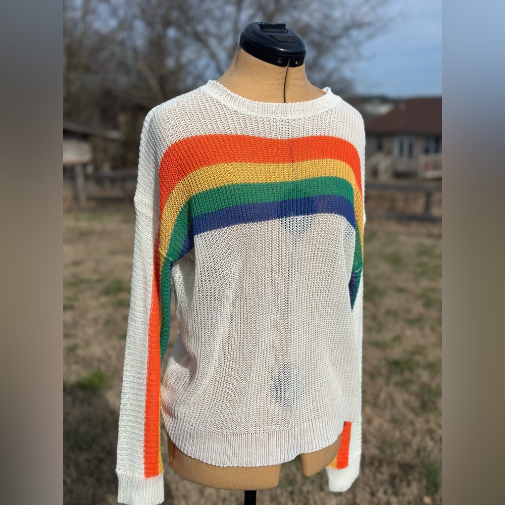 Rainbow sweater. Knit sweater. Rainbow sleeve sweater. Orange yellow green blue - Picture 3 of 8